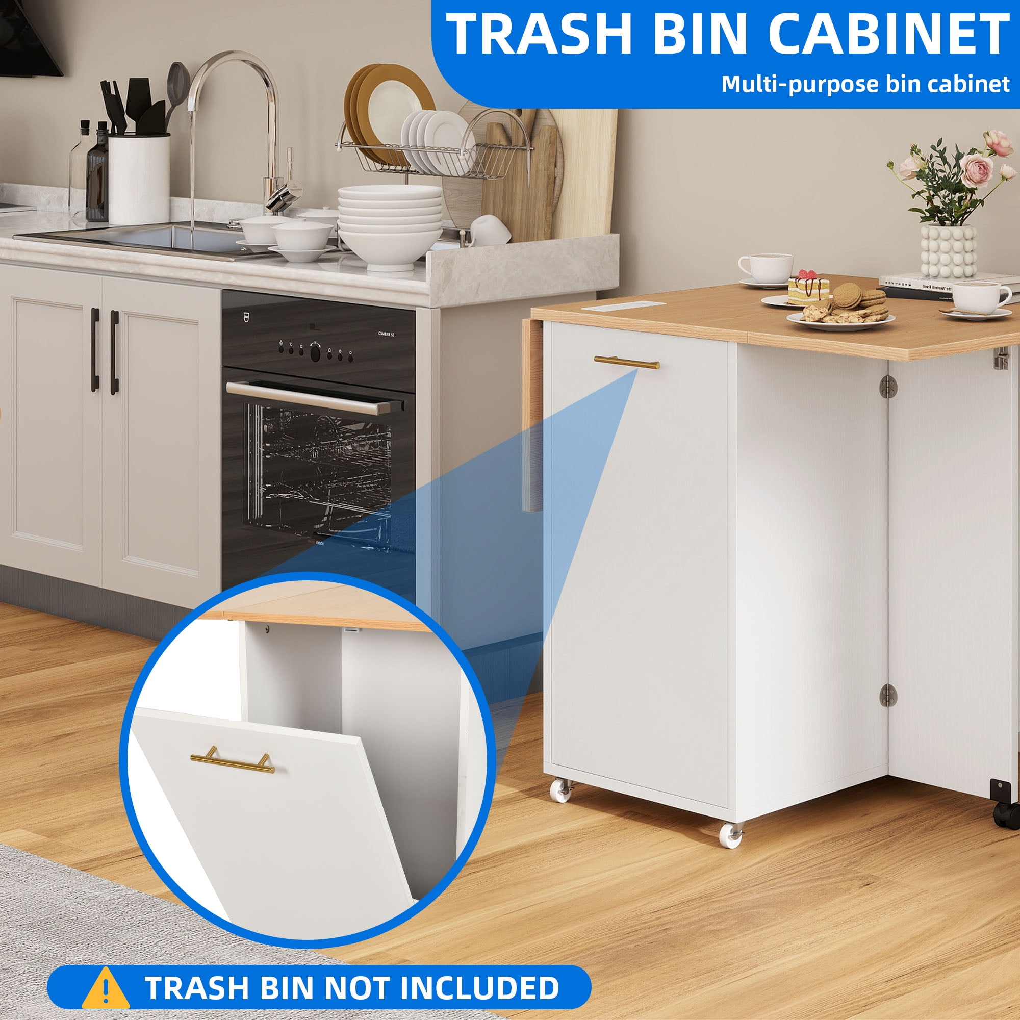 Uforic Kitchen Island with Drop Leaf, Kitchen Storage Cart with Power Outlets, Cabinet for 10-Gal Trash Bin, White