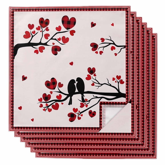 Boanket Red Love-Bird, Cloth Napkins Set of 6, Holiday Napkins for Baby Shower, Valentine's Day Saint Tree Romantic Heart Washable Reusable Dinner Napkins for Cocktail Wedding Party, 20 x 20 Inch