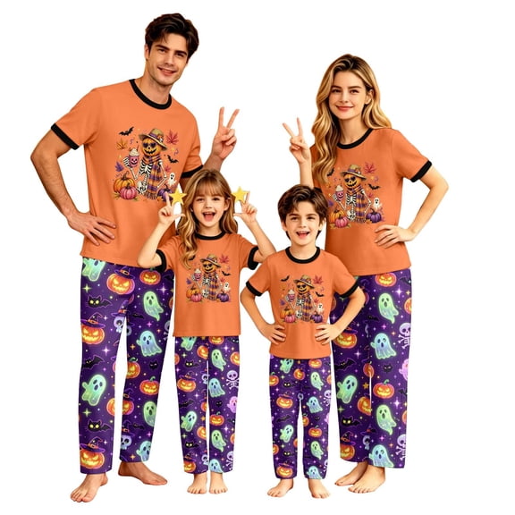 Onlypjs Family Halloween Pajamas Matching Sets, Pumpkin Skeleton Graphic Sleepwear Set with Ghost Print Pants, Cozy Holiday Nightwear for Couples and Families