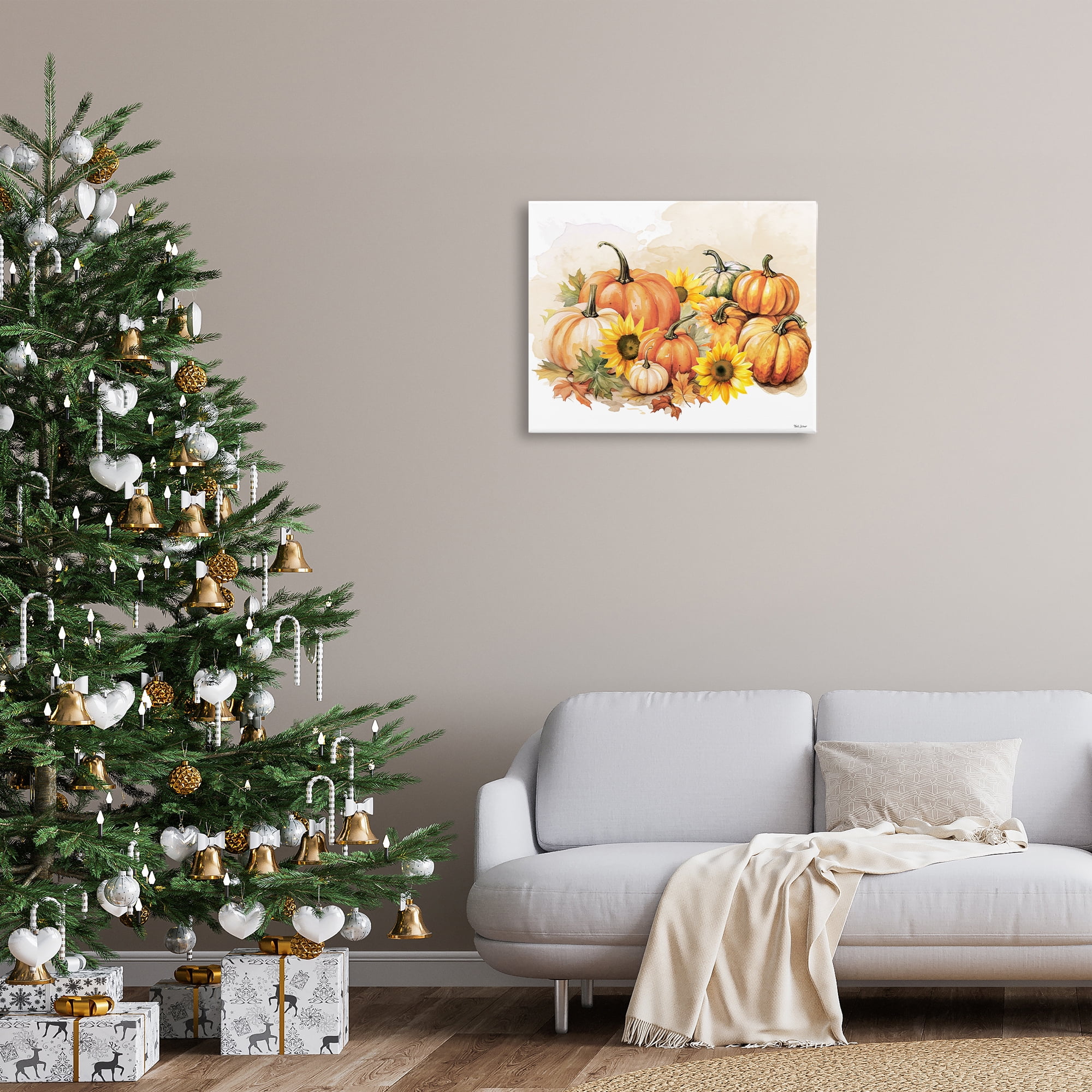 Stupell Industries Pumpkin & Sunflower Bundle Botanical & Floral Painting Gallery Wrapped Canvas Art Prints Wall Art, 30 x 24