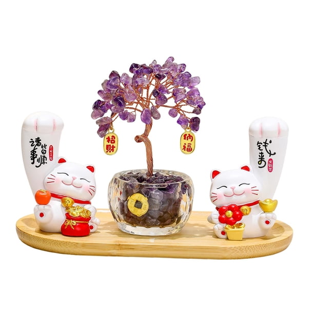 Figura de gato de la suerte, árbol del dinero, adorno de escritorio, decoración Feng Shui, Maneki Neko C