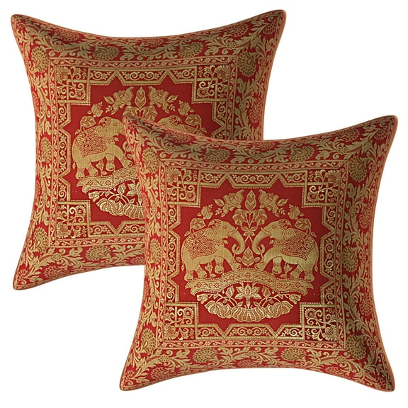 Stylo Culture Indian Decorative Brocade Red And Gold Throw Pillow Covers 16x16 Jacquard Weave Banarasi Christmas Pillow Covers Elephant Floral 40x40 cm Cushion Covers (Set Of 2)