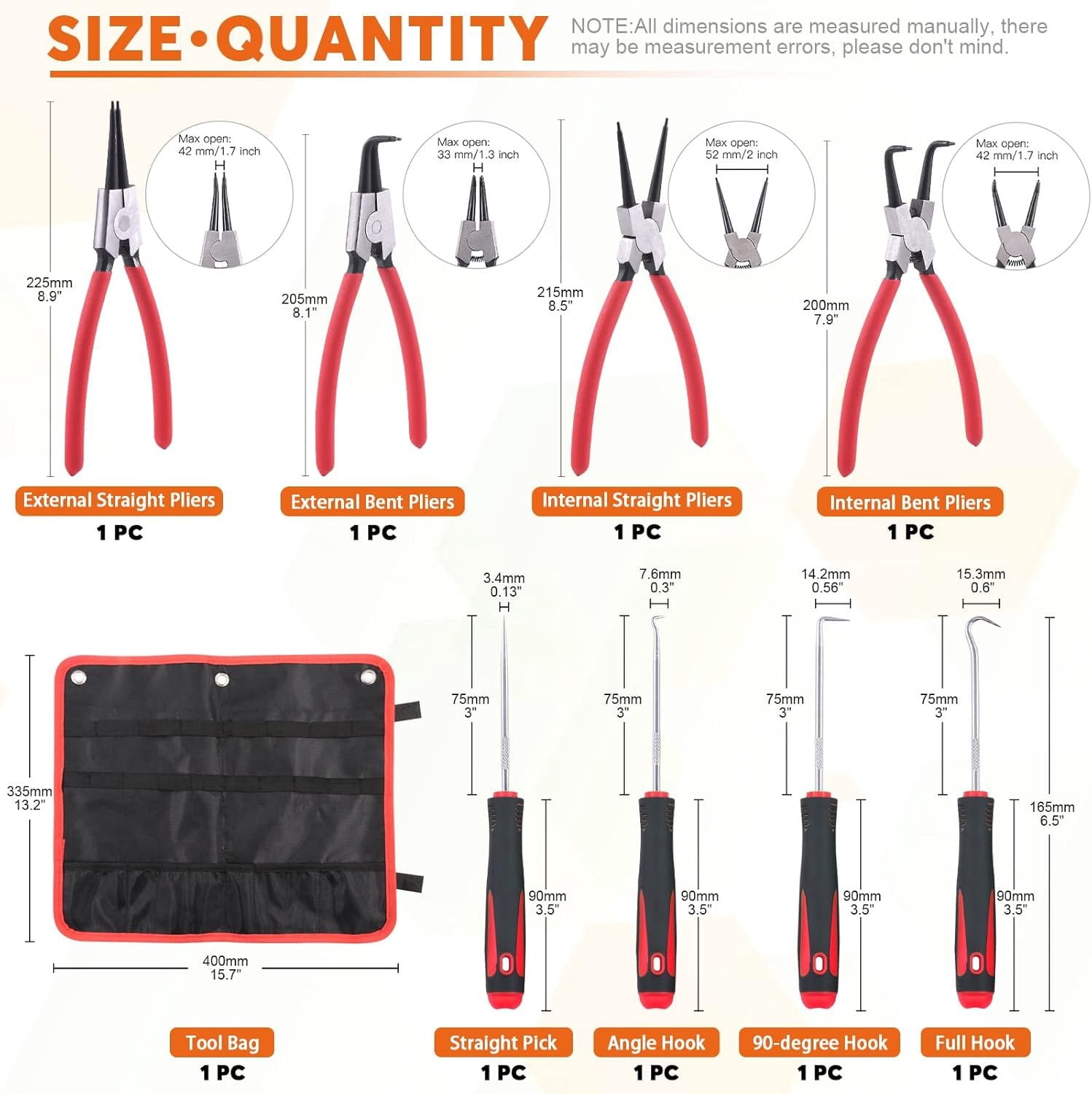 8 count 9 Inch Snap Ring Pliers Heavy Duty Hook Tool Set Internal External Circlip Pliers Tool Kit Straight Bent Jaw Pliers for Automotive Ring Removal Retaining