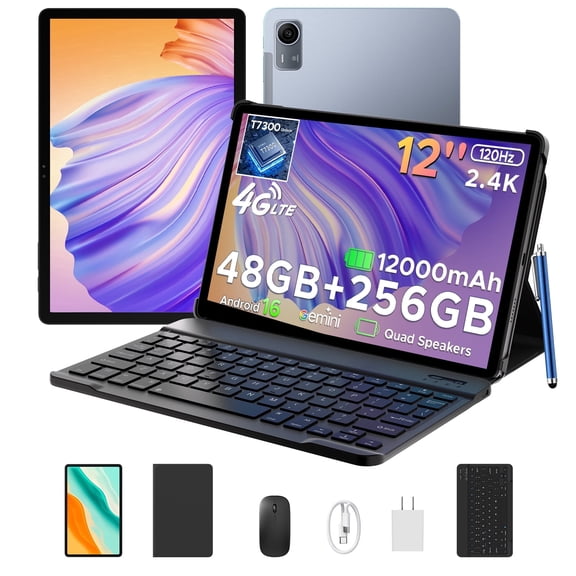 POCKAM P12 Pro 12 inch Tablet, Android 16 Tablets with Gemini AI, 48GB+256GB/2TB, 12000mAh, 2.4K 120Hz T7300 Octa-Core, 13MP+8MP, WiFi 5, Face ID