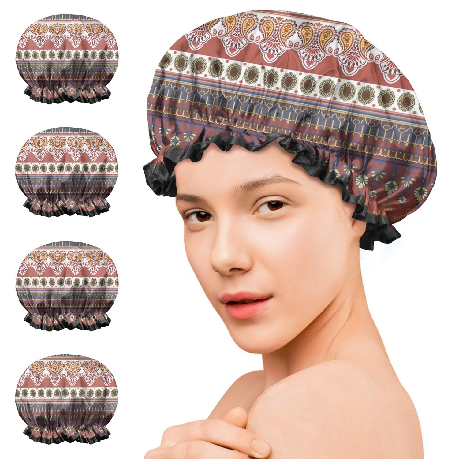 Shower Caps,Black Boho Oriental Flowers and Paisleys Pattern Waterproof Shower Cap for Women 4 Pieces,Double Reusable Hair Cover for Shower PEVA Elastic Stretch Hem