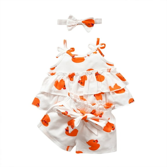 WERYOUNG Toddler Girls Sleeveless Cartoon Prints Ruffles Vest Tops T-Shirt Shorts Outfits, Orange, 9-12 Months