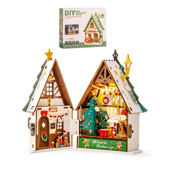 Rolife Miniature House Kit Christmas, Miniature Dollhouse Kits for Adults,Mini House Toy Building Kit,Craft Kits for Women Girls on Christmas, Twinkling Christmas House