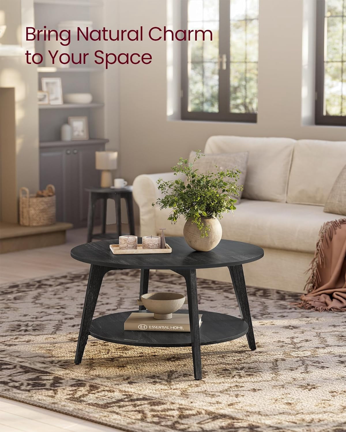 VASAGLE Round Coffee Table, 2 Tier Coffee Table with Storage, for Living Room, 31.5 x 17.7 Inches, Easy to Assemble, Charcoal Gray