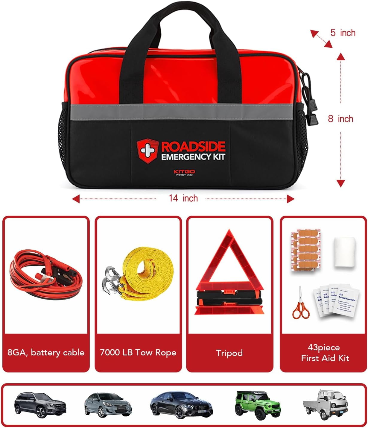 Kitgo Car Emergency Kit, Premium Roadside Rescue Essentials, Ideal Car Road Safety Kit for Trucks, RVs, etc. (Red)