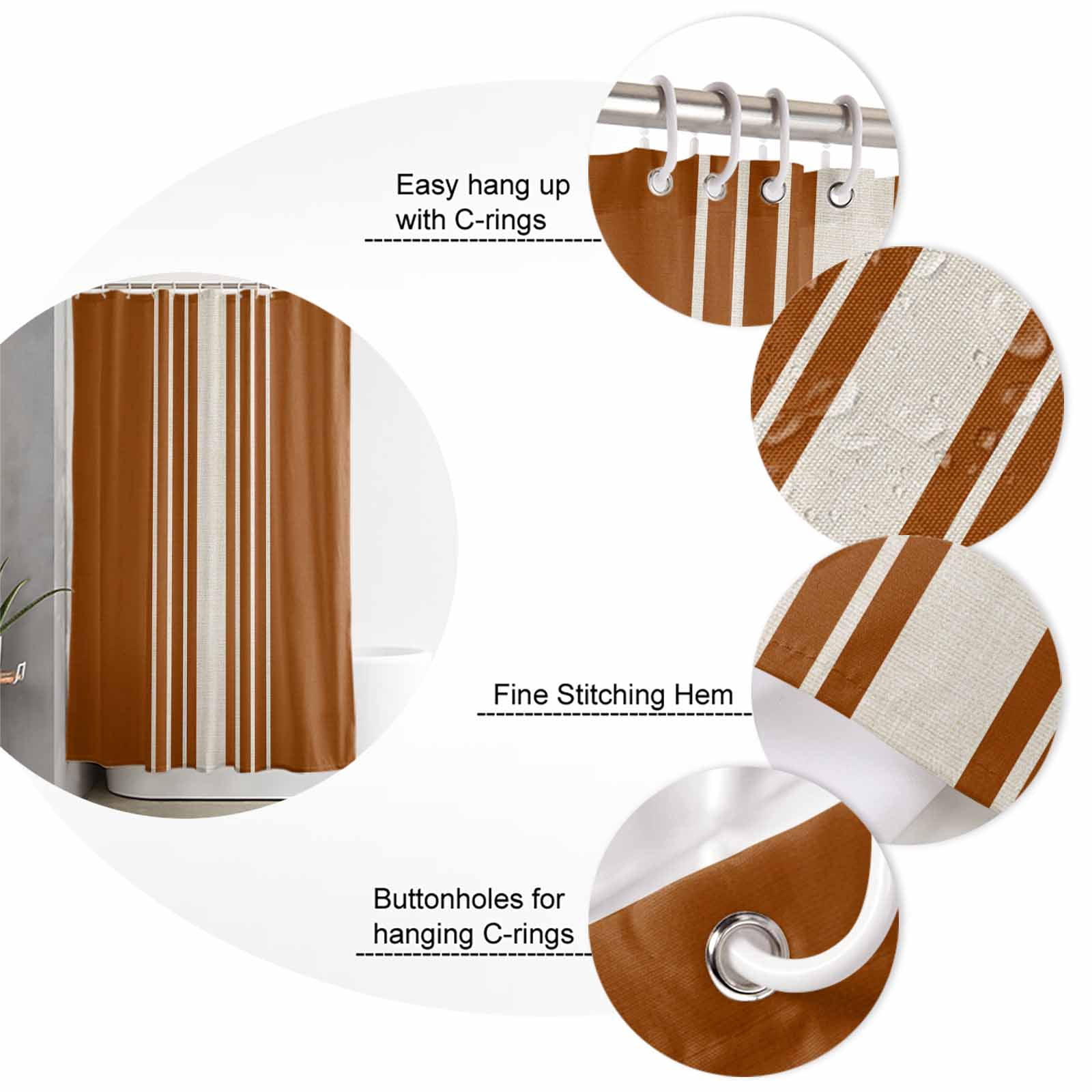 54x78 Inch Shower Curtain Decorative Burnt Orange Beige Striped Bathtub Bath Curtains Fabric Waterproof Bathroom Decor Modern Farmhouse Retro Lines Small Stall Shower Curtain Set with 12 Hooks