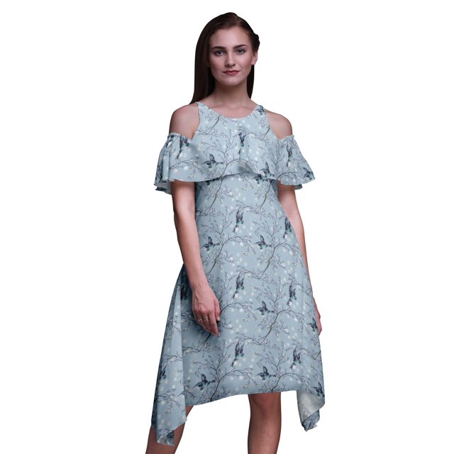 Bimba Blue Bird Print Womens Chic Style Cold Shoulder Shift Dress Summer Tunic - Large