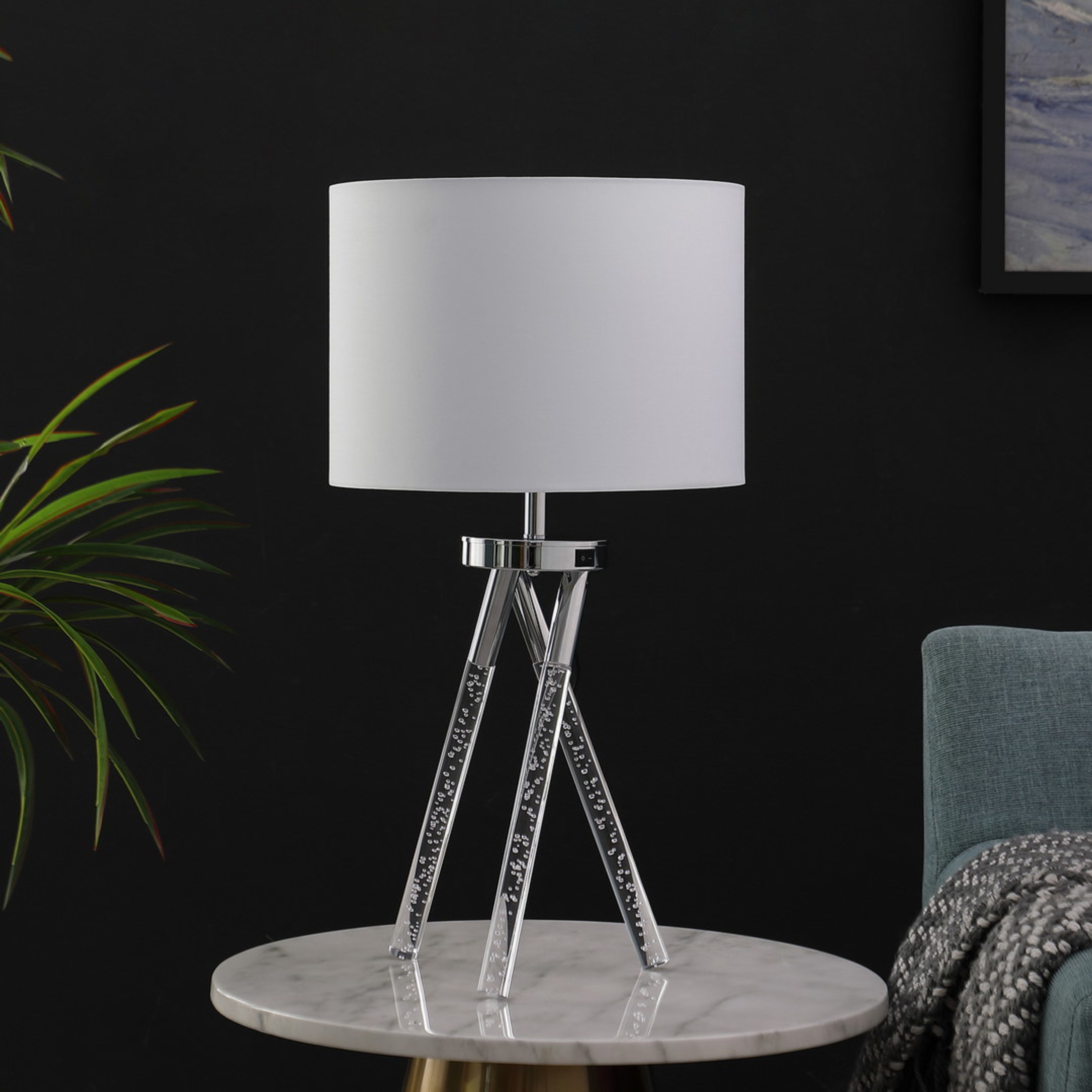 Noble House 26.25" Birgit Mid-Century Table Lamp, Chrome with Acrylic Tapered Legs and LED Accent, Silver