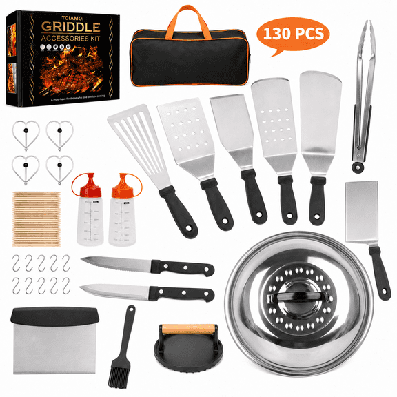 Ocalpur  Griddle Accessories Kit, 130 PCS Stainless Steel Griddle Accessories Set for Blackstone, Professional Grill BBQ Spatula Set for Outdoor Camping