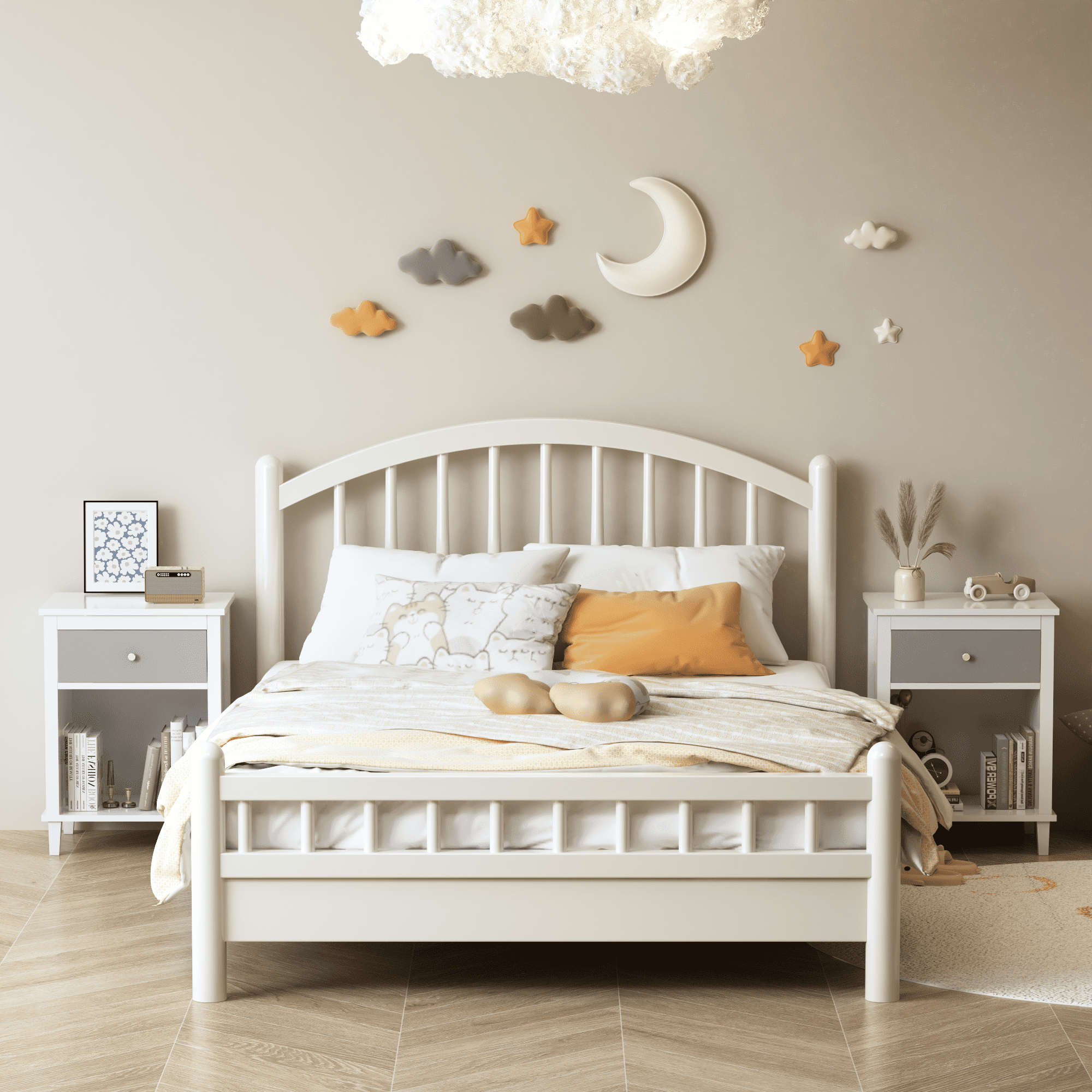 26.77''H Wooden Nightstand with One Drawer One Shelf for Kids, Adults,Gray+Silver handle