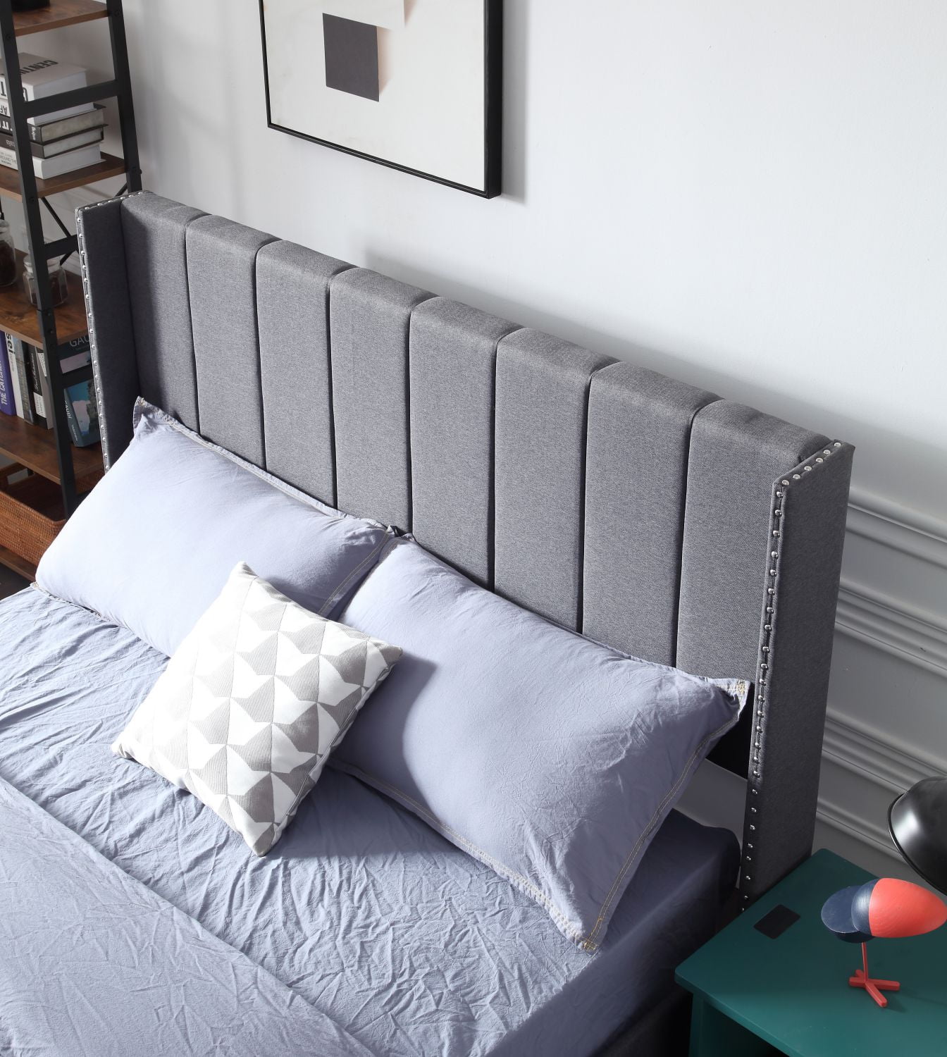 Private Jungle Bed Frame Set, Classics Cloth Headboard with Wings & Platform & Slats Queen, Fabric/Grey Private Jungle Bed Frame Set, Classics Cloth Headboard with Wings & Platform & Slats Queen, Fabric/Grey