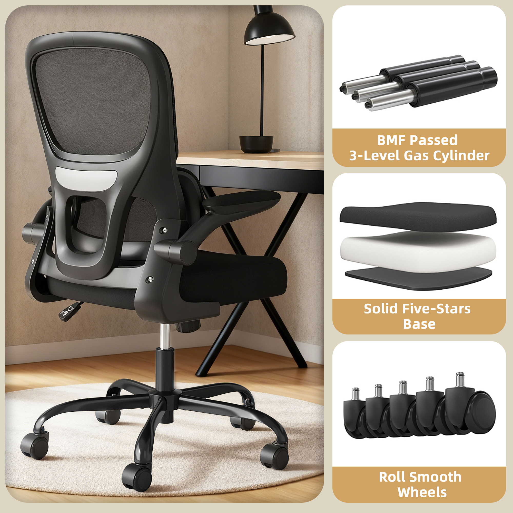 MAYEERTY Ergonomic Home Office Chair with Mesh Back, Lumbar Support, Flip-up Armrests for Work & Study, Black