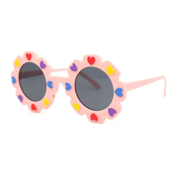 Girls Kids Size Heart Daisy Petal Round Circle Plastic Sunglasses Pink