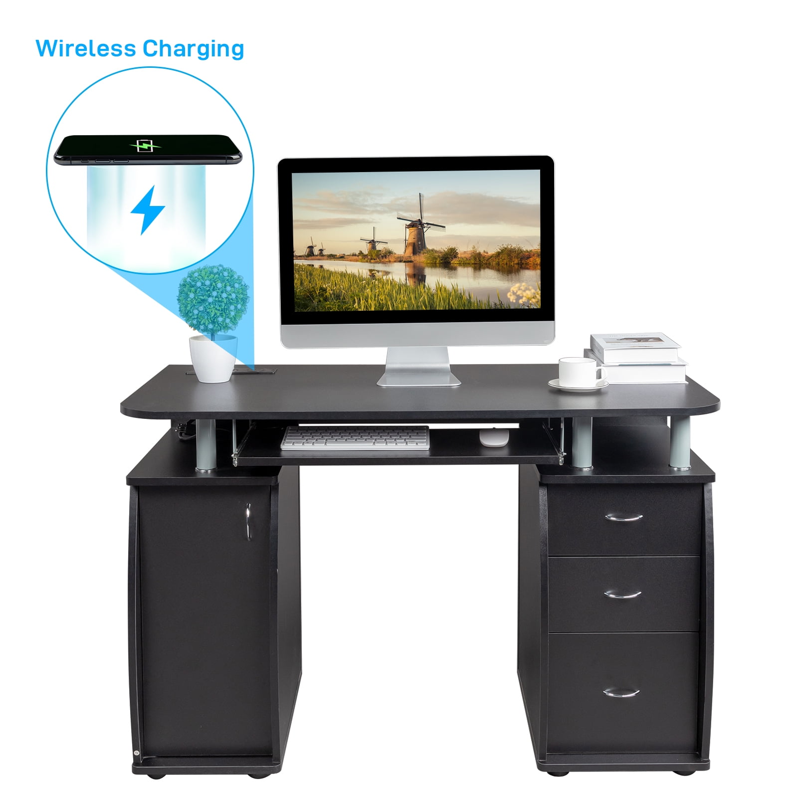 Ktaxon 3 Drawers Computer Desk with Wireless USB Charging Station, Study Workstation Office Furniture