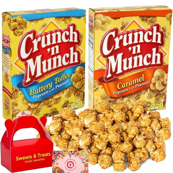 Crunch 'N Munch Popcorn TMA3 Snacks | Buttery Toffee & Caramel Flavors with Peanuts | Delicious Sweet N Salty | Movies School Office Birthday Holiday Party Gift | Plus Muchai Treat Box (2 Boxes)