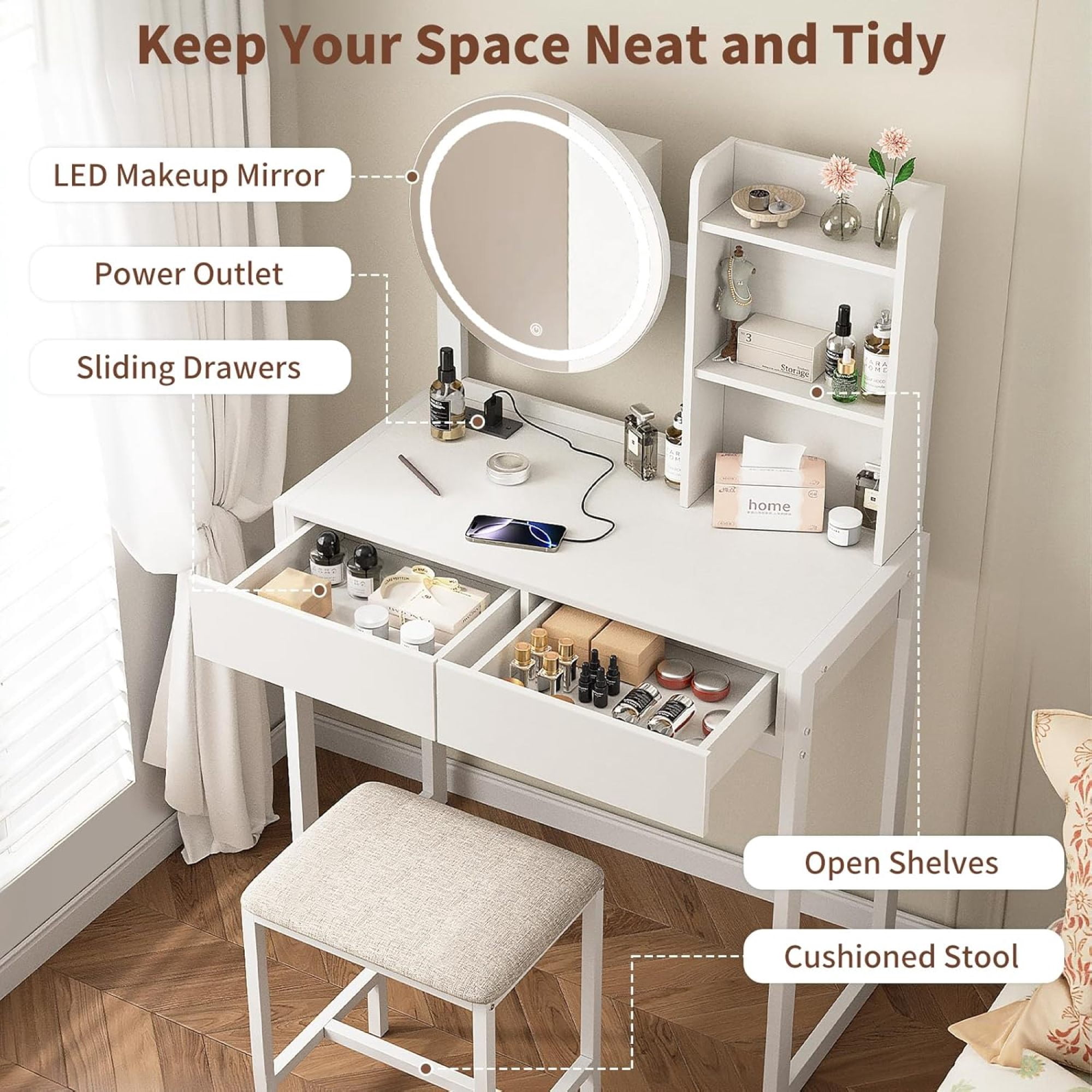 Leumius Small Vanity Desk with Mirror and Lights, Makeup Vanity Table with LED Mirror, 3 Lighting Modes, Power Outlet, Drawer, Open Shelves and Cushioned Stool for Bedroom (White)