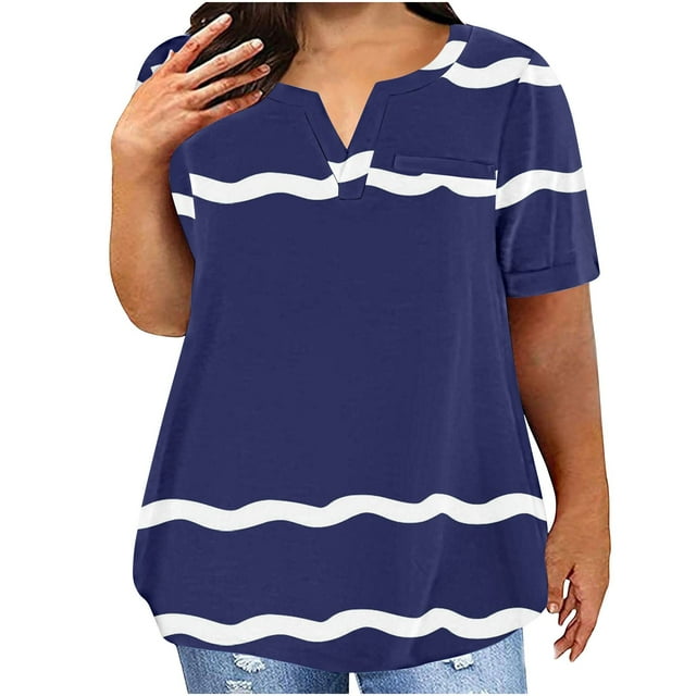 Plus Size Mujeres Blusas Cuello en V Casual Suelto Verano Blusa de Manga Corta para el Uso Diario Y Casual