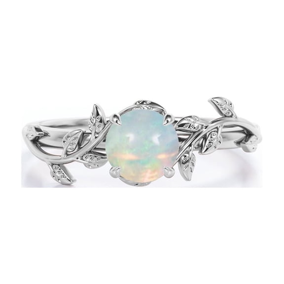 JeenMata Botanical Design - 0.50 Carat Round Shaped White Fiery Opal - Solitaire Engagement Ring - 18K White Gold Plating over Silver