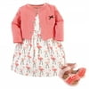 Hudson Baby Infant Girl Cotton Dress, Cardigan and Shoe 3pc Set, Flamingos, 6-9 Months