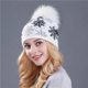 thumbnail image 3 of Xthree-gorro de punto con pompones de visón Real para mujer y niña, gorro de lana de piel de conejo, gorros de invierno para Navidad y nieve, 3 of 4