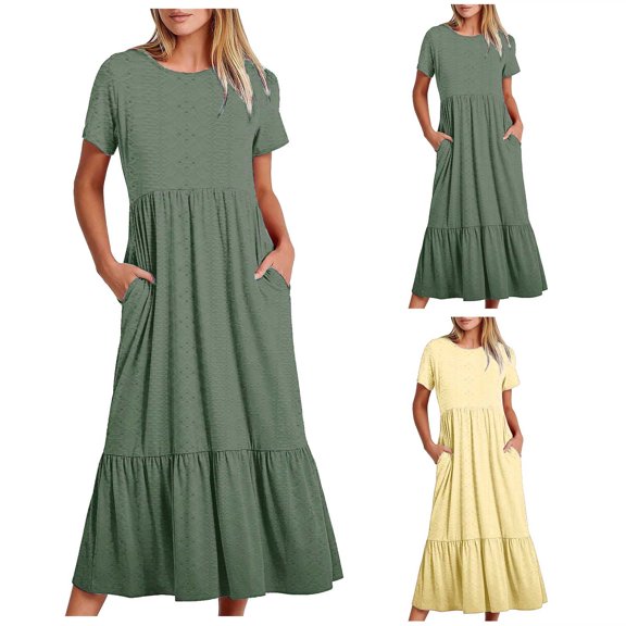 Sentmoon Sun Dresses Women Short Sleeve Solid Color Breathable Midi Wedding Guest Dresses Summer 2026 Workout Regular Fit Crew Neck Plus Size Formal Dresses for Women Yellow L