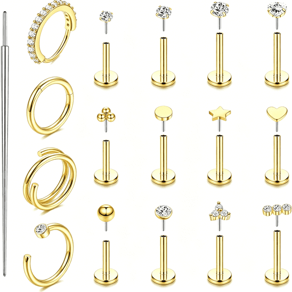DESIGNICE 14K Gold Filled Nose Rings Studs Hoops for Women Men 20G 18G Hypoallergenic Surgical Steel Push in Threadless Flat Back Earrings CZ Tragus Lip Cartilage Medusa Nostril Piercing Jewelry