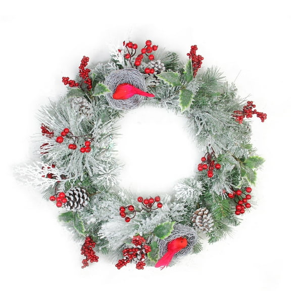 Northlight 24" Unlit Berries and Red Cardinals in Nests Flocked Artificial Christmas Wreath