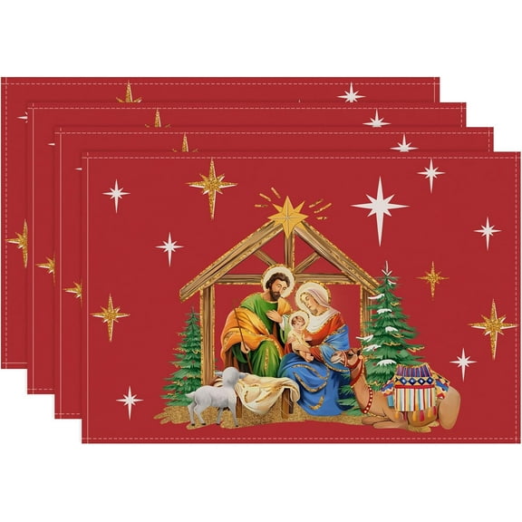 mubwai Christmas Jesue Placemats Set of 4, 12x18 Inch Holy Night Nativity Red Xmas Kitchen Dinning Table Mats Washable Place Mats for Indoor Outdoor Home Party Decor