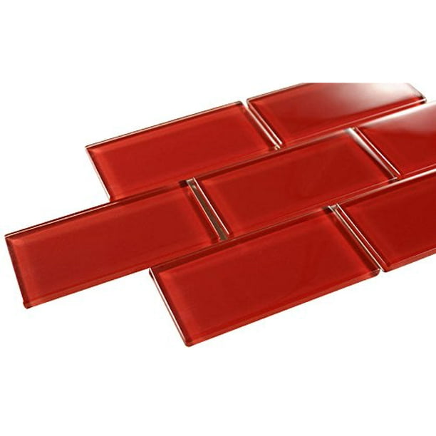 red glass subway tile backsplash