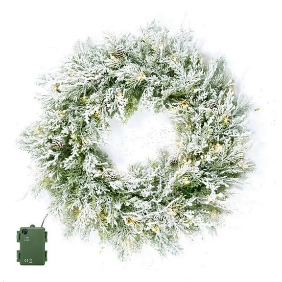 IC ICLOVER 24 inch Pre-Lit Christmas Wreath, Artificial Christmas Garland Decorated with 50 LED Lights, Frosted Branches, Door Wall Hanging Ornaments