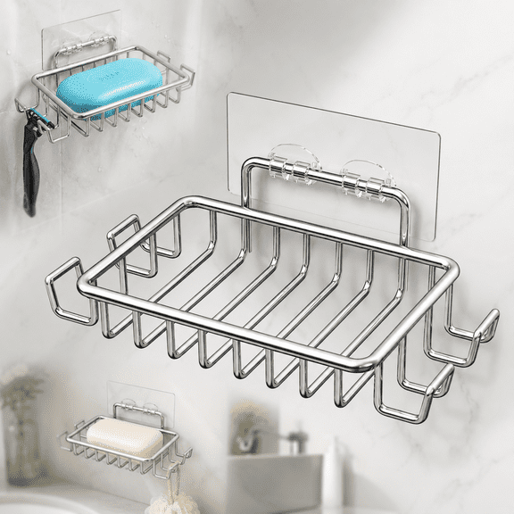 Bar Soap Holder for Shower Wall with 4 Hooks, Stainless Steel Adhesive Soap Dish for Bathroom, Silver
