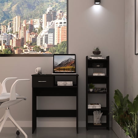 Compact Home Office Setup In Black Desk With Drawer & Keyboard Tray Five-shelf Bookcase Shelving One And 5-shelf Black