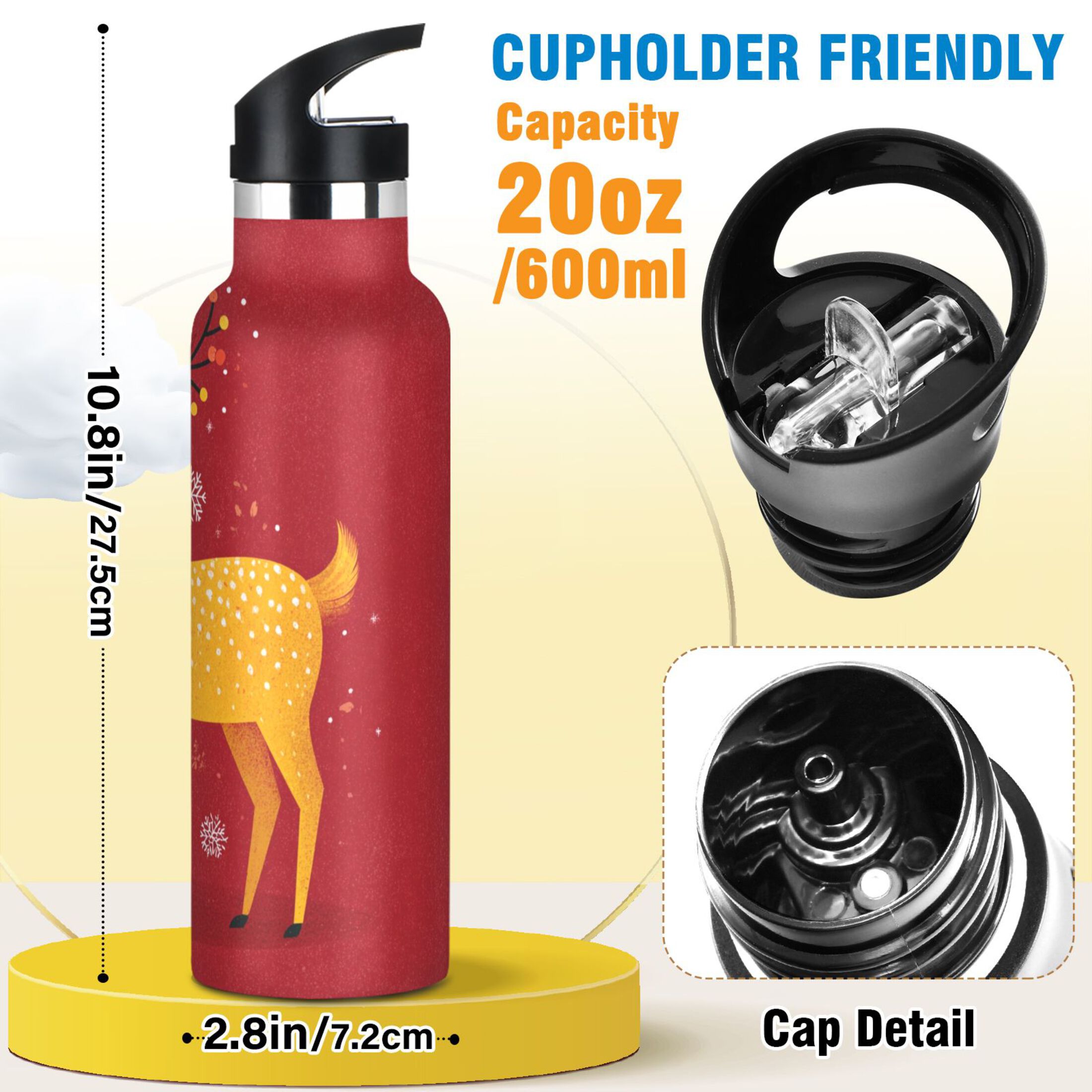 600ML Stainless Steel Insulated Cup Sports Water Bottle Portable Thermos Cup Water Glasses Insulated Tumblers Convenient and Durable Yellow Christmas Deer Beautiful
