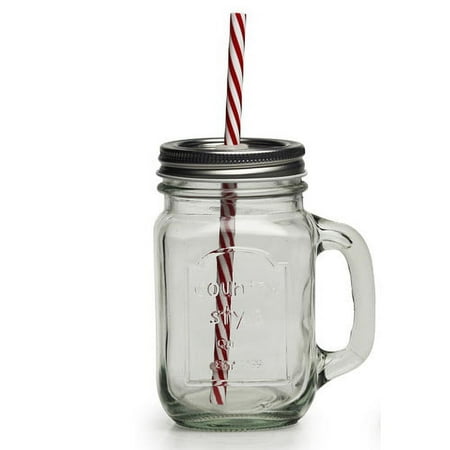 Circleware Country 15-Ounce Mason Jar Mugs with Straws and Lids, Set of 4
