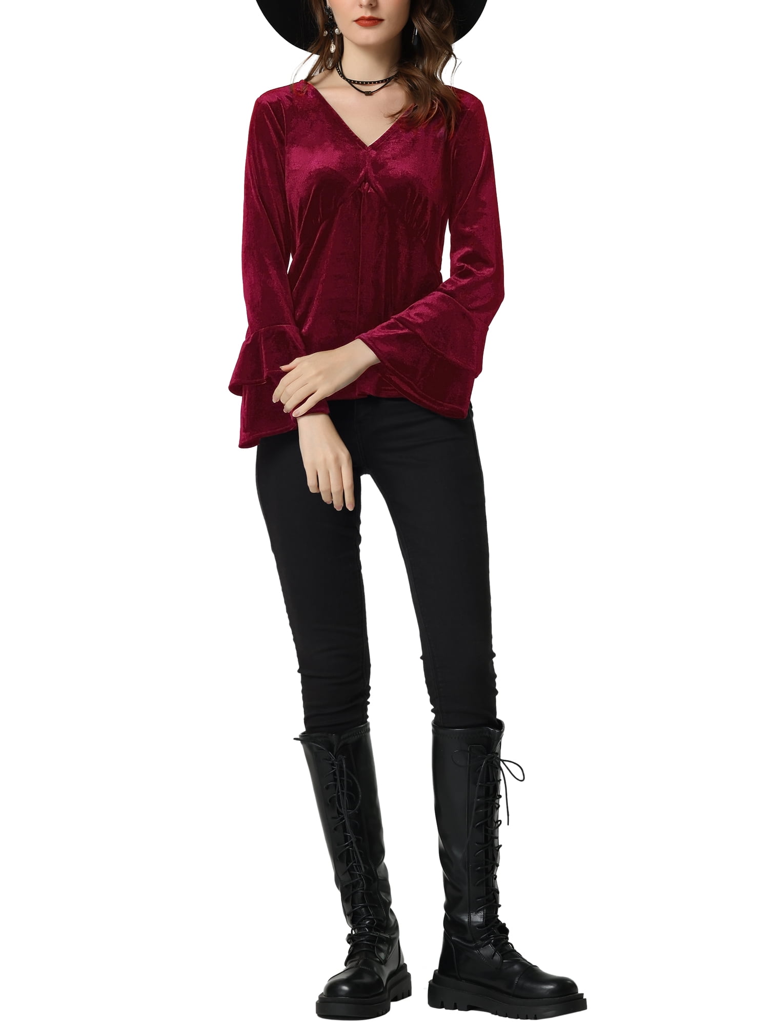 DARING DIVA Women's V Neck Velvet Blouse Flare Casual Top M Burgundy