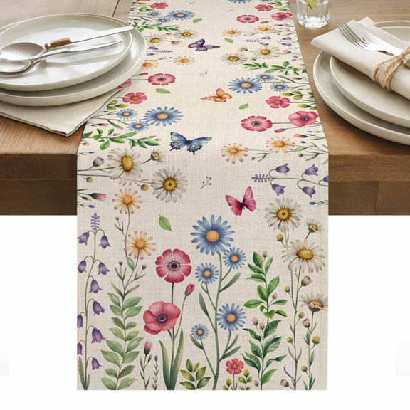 Spring Floral Table Runner - 72 Inch Long, Kitchen Dining Table Runner Dresser Scarves, Pink Blue Flowers Butterfly Rustic Farmhouse Decor for Coffee Tables Wedding Party Banquet