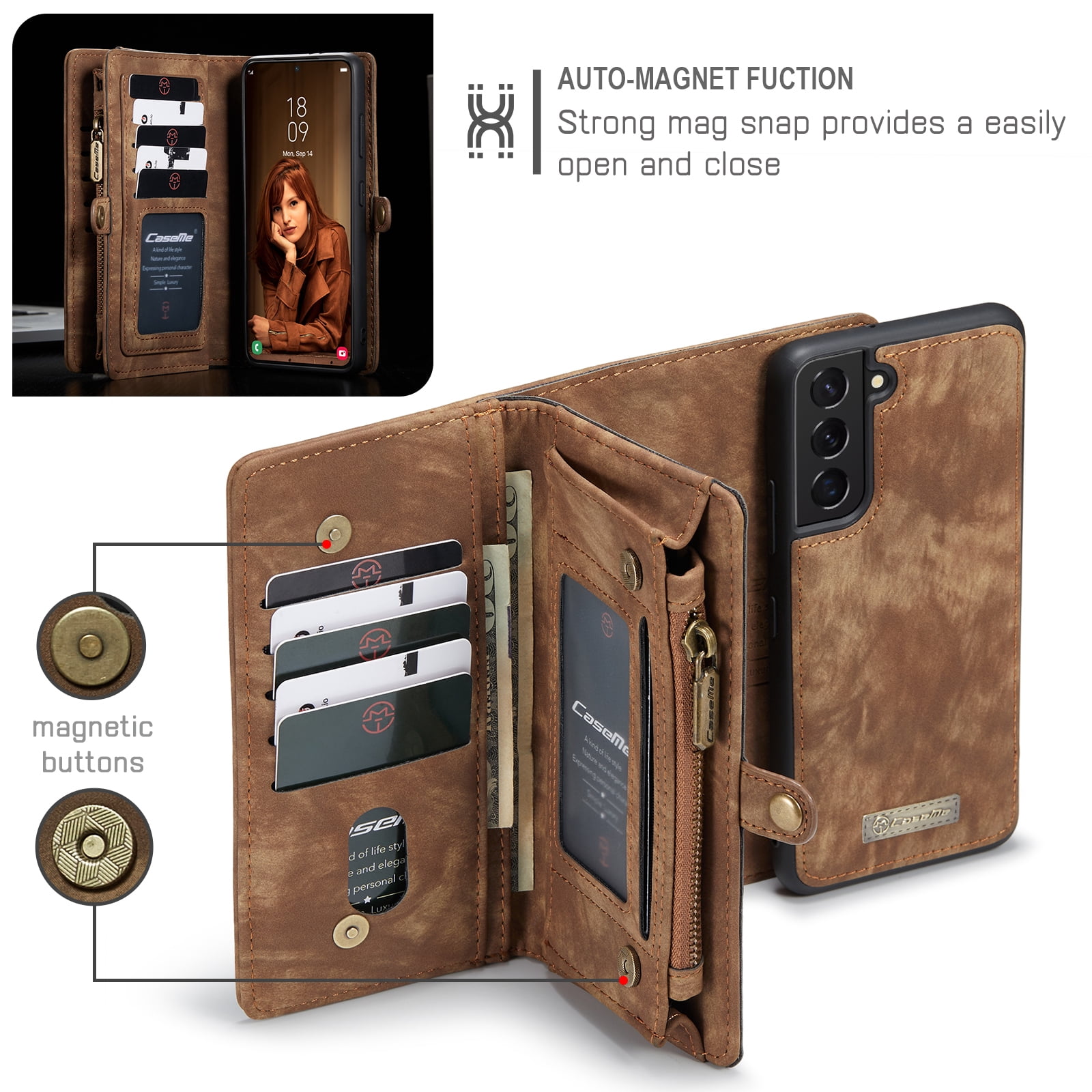 TECH CIRCLE Samsung Galaxy S22 Plus Case,Galaxy S22 Plus Wallet Case with Card Holder Kickstand Zipper Pocket Lanyard Strap Wristlet PU Leather Flip Case Wallet for Galaxy S22 Plus 6.6 inch,Darkbrown