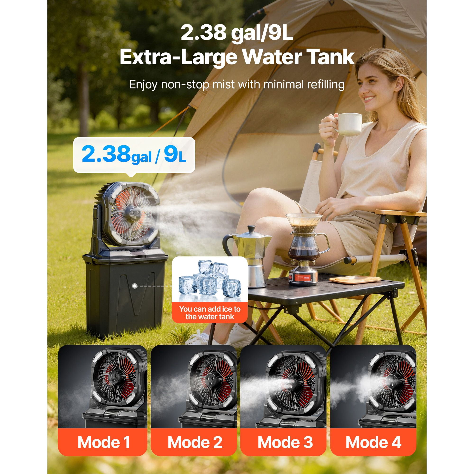 Misting Fan 2700RPM 9L Tank 4 Mist Modes 10000mAh Battery for Outdoor Camping Yard