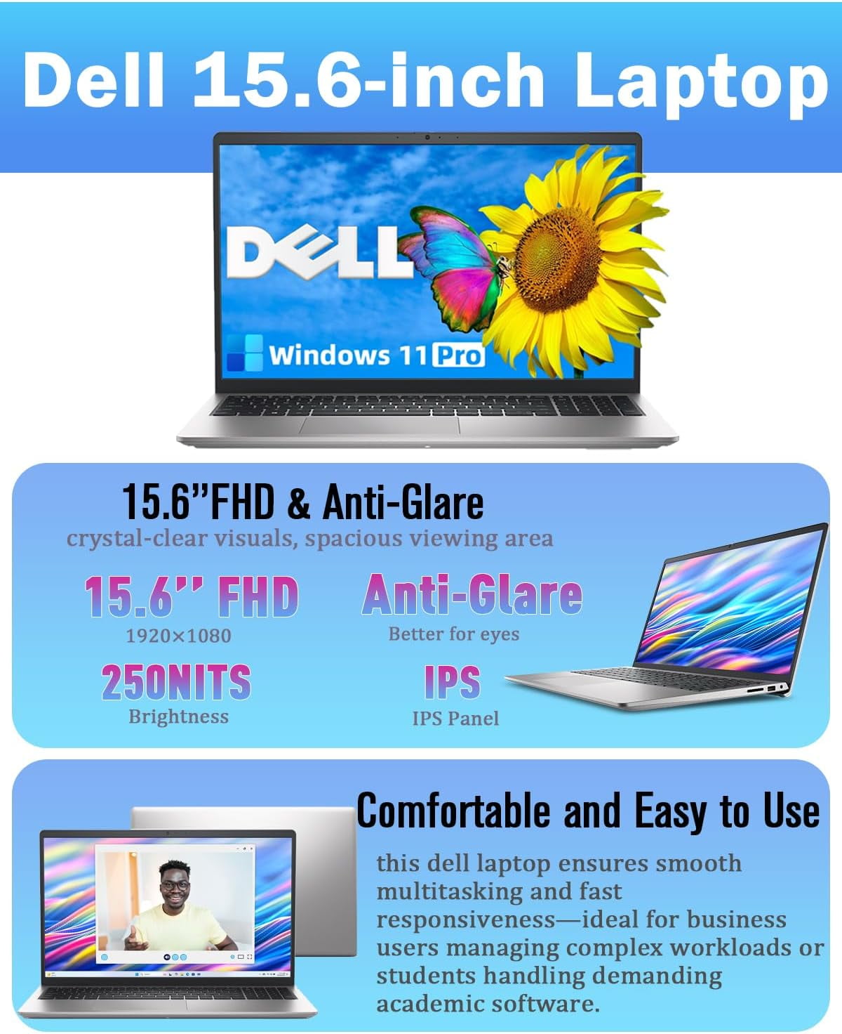 Dell Laptop 15.6-inch FHD 120Hz Display, 13th Gen Intel Core i7-1355U, 16GB DDR4 RAM, 1TB SSD, Intel UHD Graphics, Backlit Keyboard, Fingerprint, Windows 11 Pro, Silver