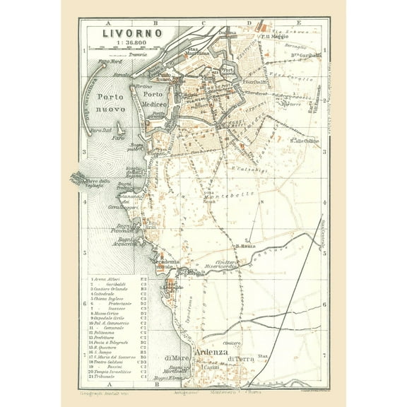 Historic Map - Livorno Italy - Bertarelli 1914 - Vintage Wall Art