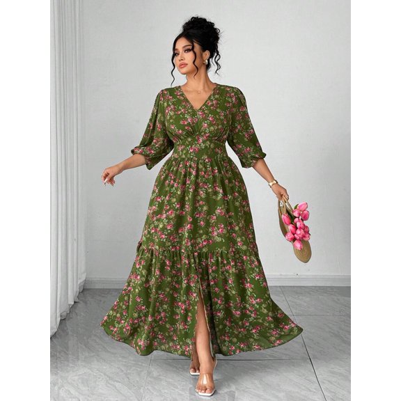 Green Floral Print V-Neck Maxi Dress With Tiered Skirt And Side Slit For Women