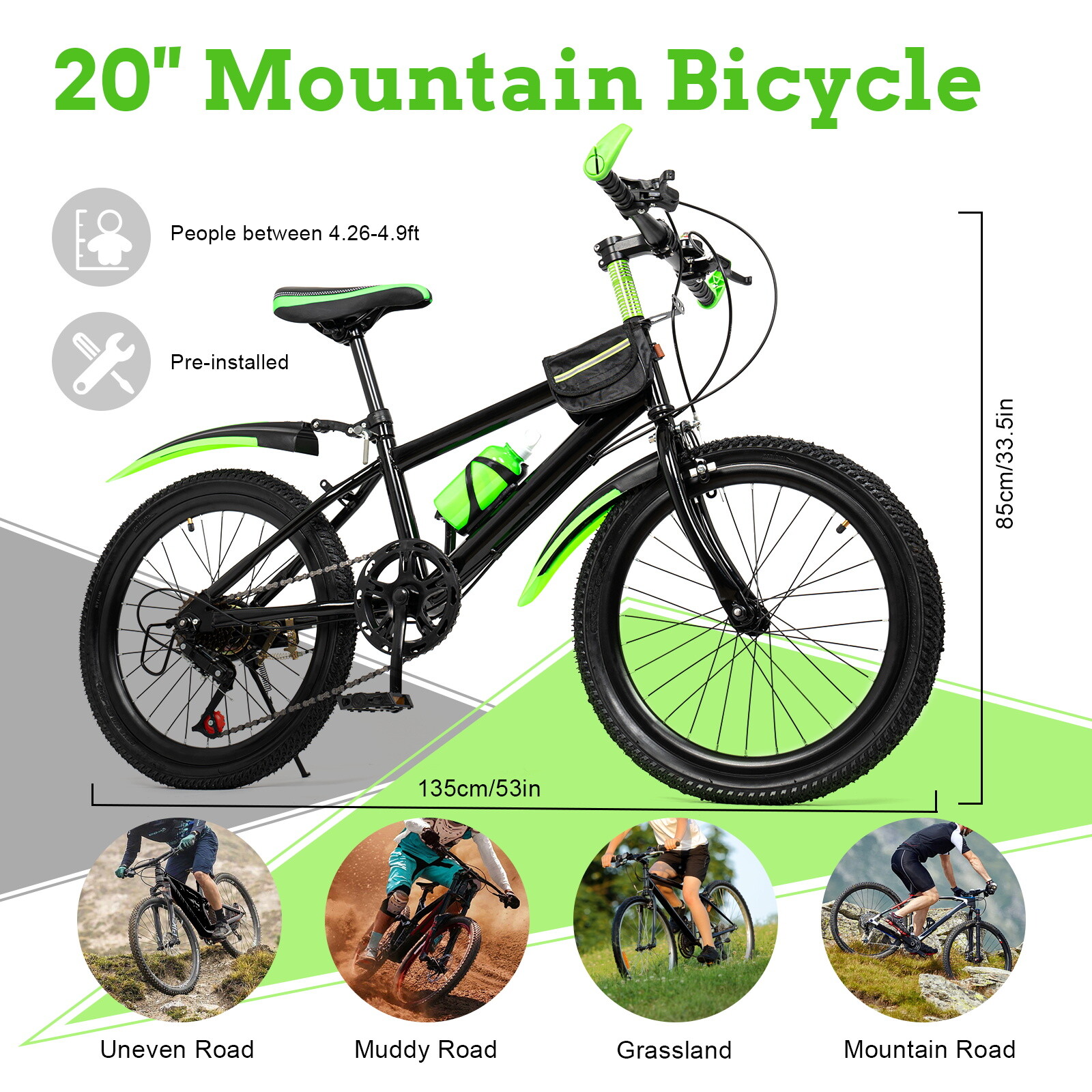 20" Mountain Bike 7 Speed Front and Rear Dual Disc Brake City Bike Height Adjustable Bicycle