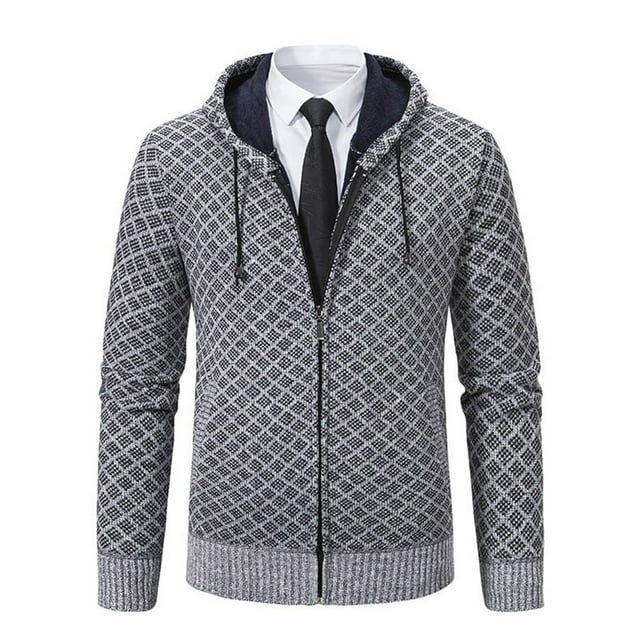 Wzzjkit Fall Clothes Men's Colid Color Long-sleeved Hooded Zipper Pocket Knitted Sweater Jacket