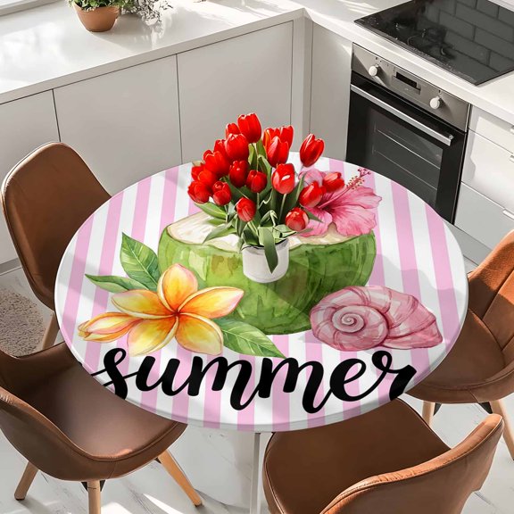 Summer Botanical Elastic Fitted Round Tablecloth Coconut Frangipani Pink Stripe Waterproof Outdoor Table Cover for Holiday Party, Picnic, Patio & Dining Fits Tables Up to 36"-44"