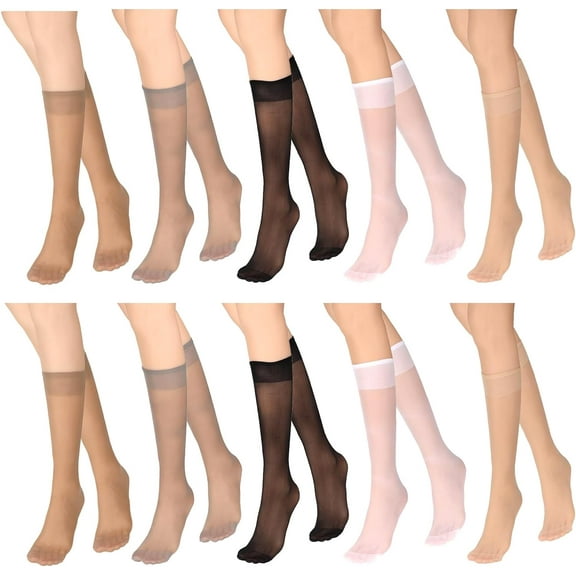 Monebena 5 Pairs Sheer Knee High Stockings for Women, Nylon Pop Socks Thigh High Stockings Sheer Trouser Socks, 5 Colors Ladies Knee High Stockings with Reinforced Toe Elastic Soft Nylon Socks
