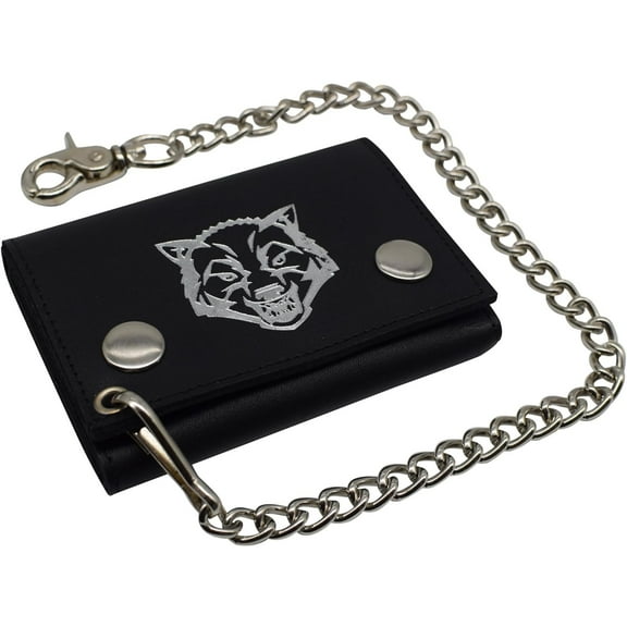 Wolf RFID Blocking Trifold Biker Men's Genuine Leather Steel Chain Wallet Snap closure Wolf